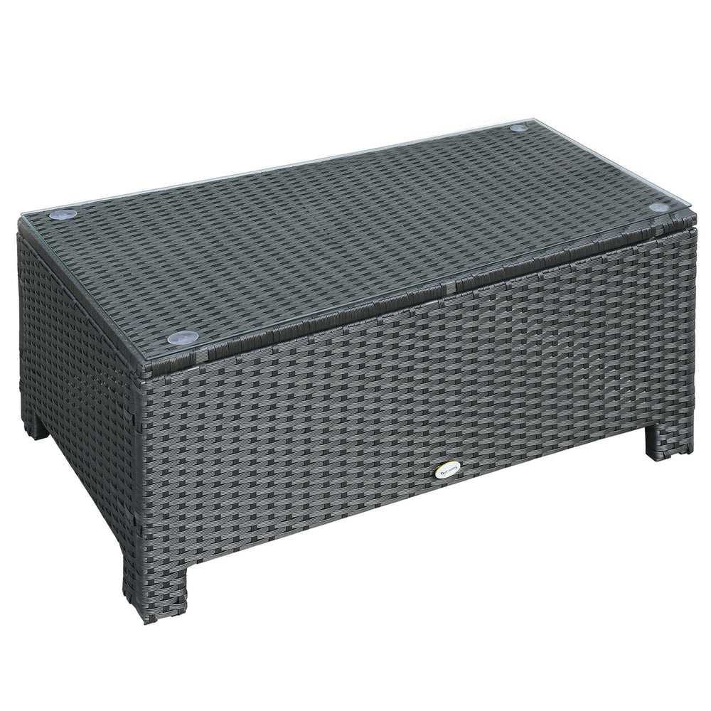 Patio Side Table, Handwoven Wicker Furniture with Tempered Glass Top, Black