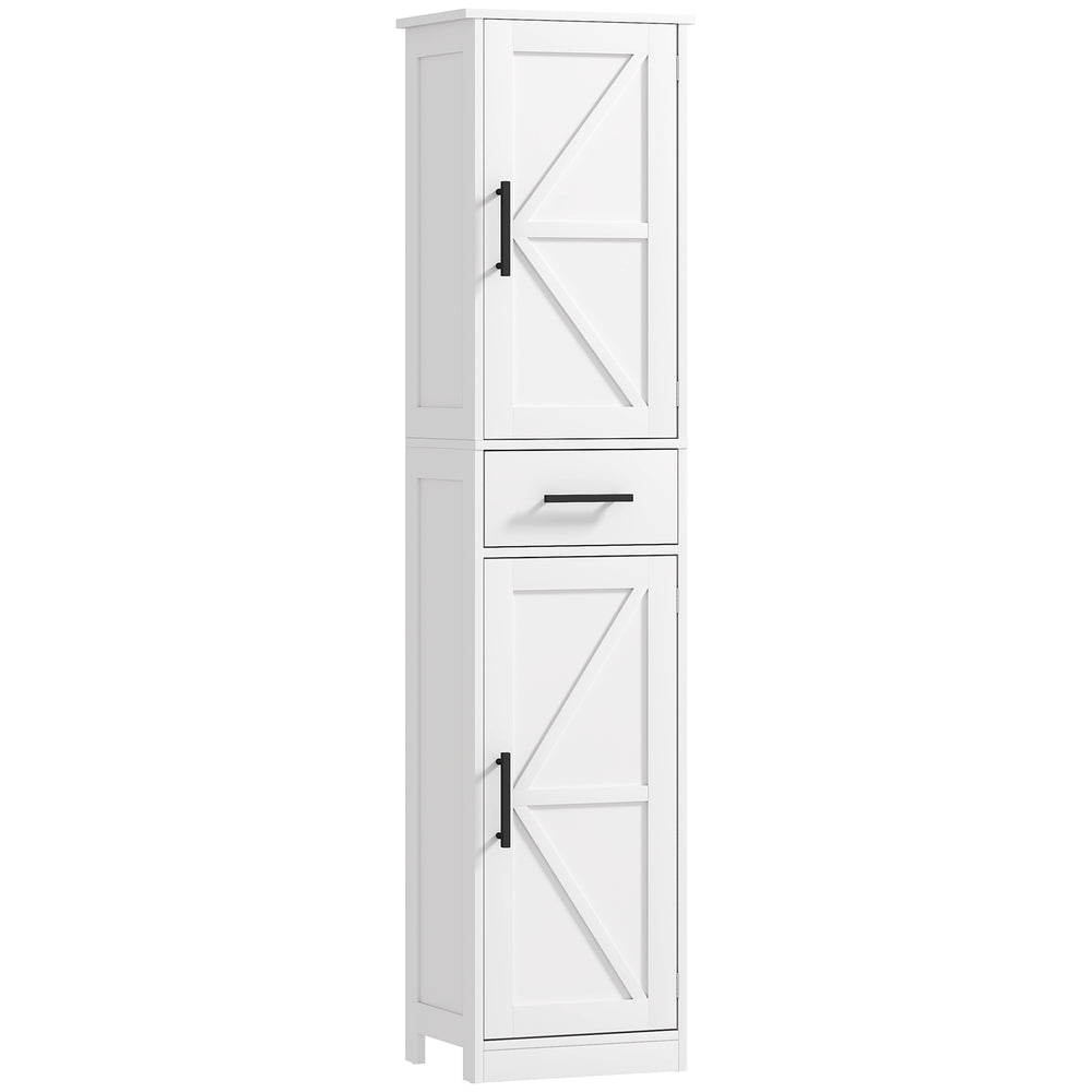 Bathroom cabinet 170 cm high with drawer, barn doors and adjustable shelves, white