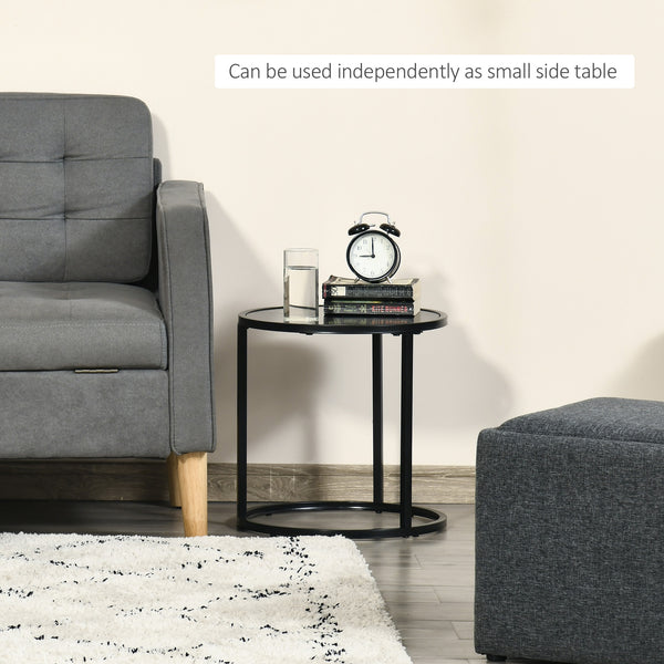 Set of 2 Modern Round Coffee Tables with Faux Marble Top and Metal Frame, Black