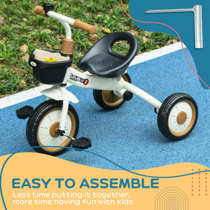 Tricycle with adjustable seat, basket, bell, white