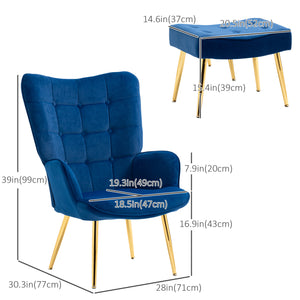 Armchair with footrest and gold metal legs, dark blue
