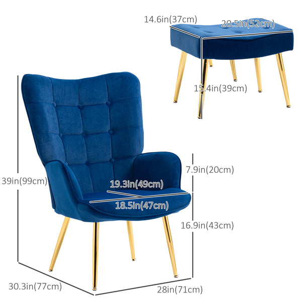 Armchair with footrest and gold metal legs, dark blue