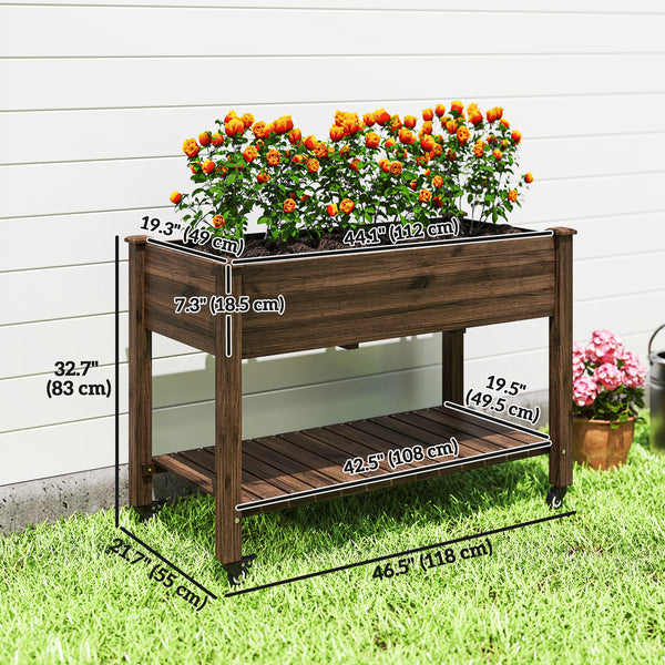 Raised wooden planter with lockable casters and storage shelf