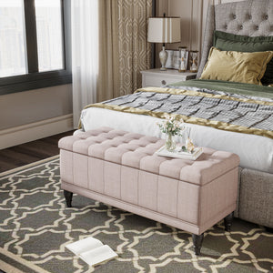 Linen fabric storage pouf with soft closing, beige