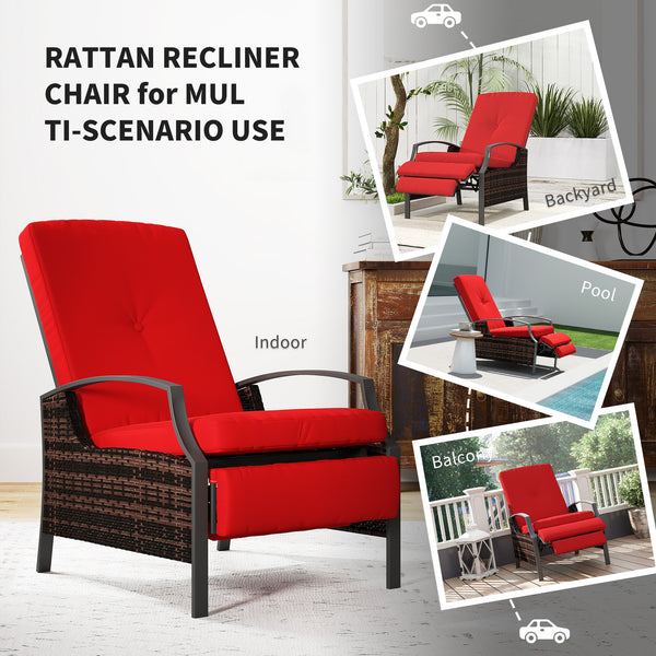 Outdoor Rattan Recliner Chair with Adjustable Backrest and Retractable Footrest, Wine Red Color