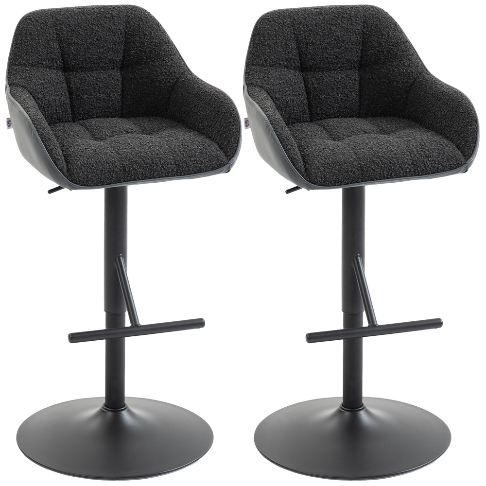 Set of 2 swivel bar stools, counter height, with backrest, footrest, armrests and adjustable height, black.