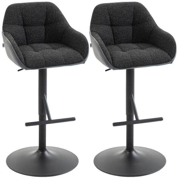 Set of 2 swivel bar stools, counter height, with backrest, footrest, armrests and adjustable height, black.