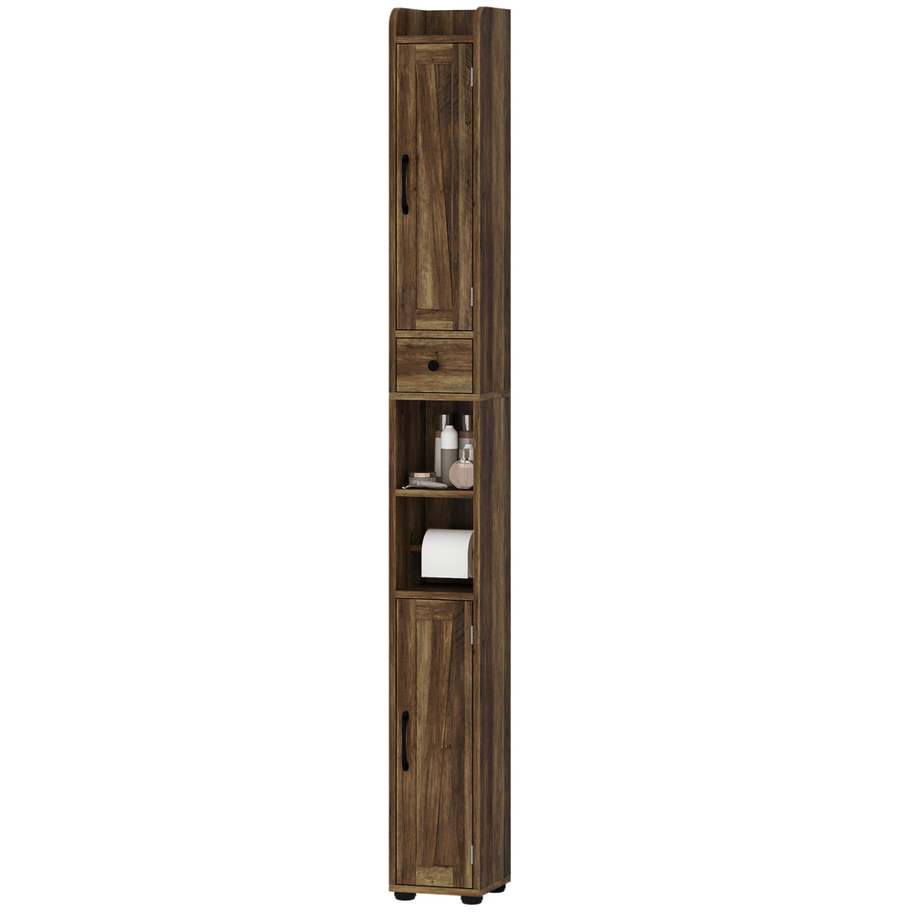 Narrow bathroom vanity, tall with barn doors, drawer and adjustable shelves, brown wood look