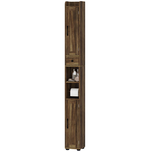 Narrow bathroom vanity, tall with barn doors, drawer and adjustable shelves, brown wood look