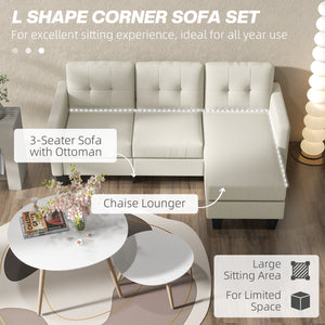 3-seater L-shaped corner sofa with ottoman, thick cushion and wooden legs, beige