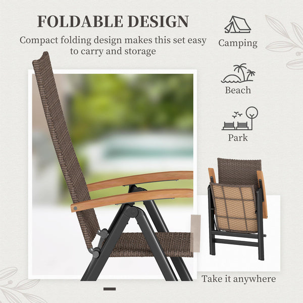 Folding Wicker Dining Chair with Steel Frame, Armrests and Backrest, Brown