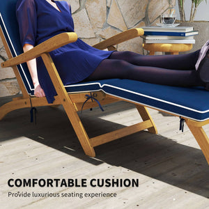 Folding Sun Lounger with Padded Cushion, Acacia Wood Recliner with Footrest for Garden, Navy Blue