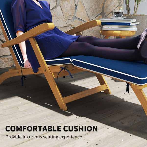 Folding Sun Lounger with Padded Cushion, Acacia Wood Recliner with Footrest for Garden, Navy Blue