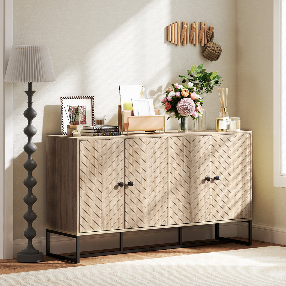 Sideboard with 2 adjustable shelves and steel base, bar cabinet for living room, oak