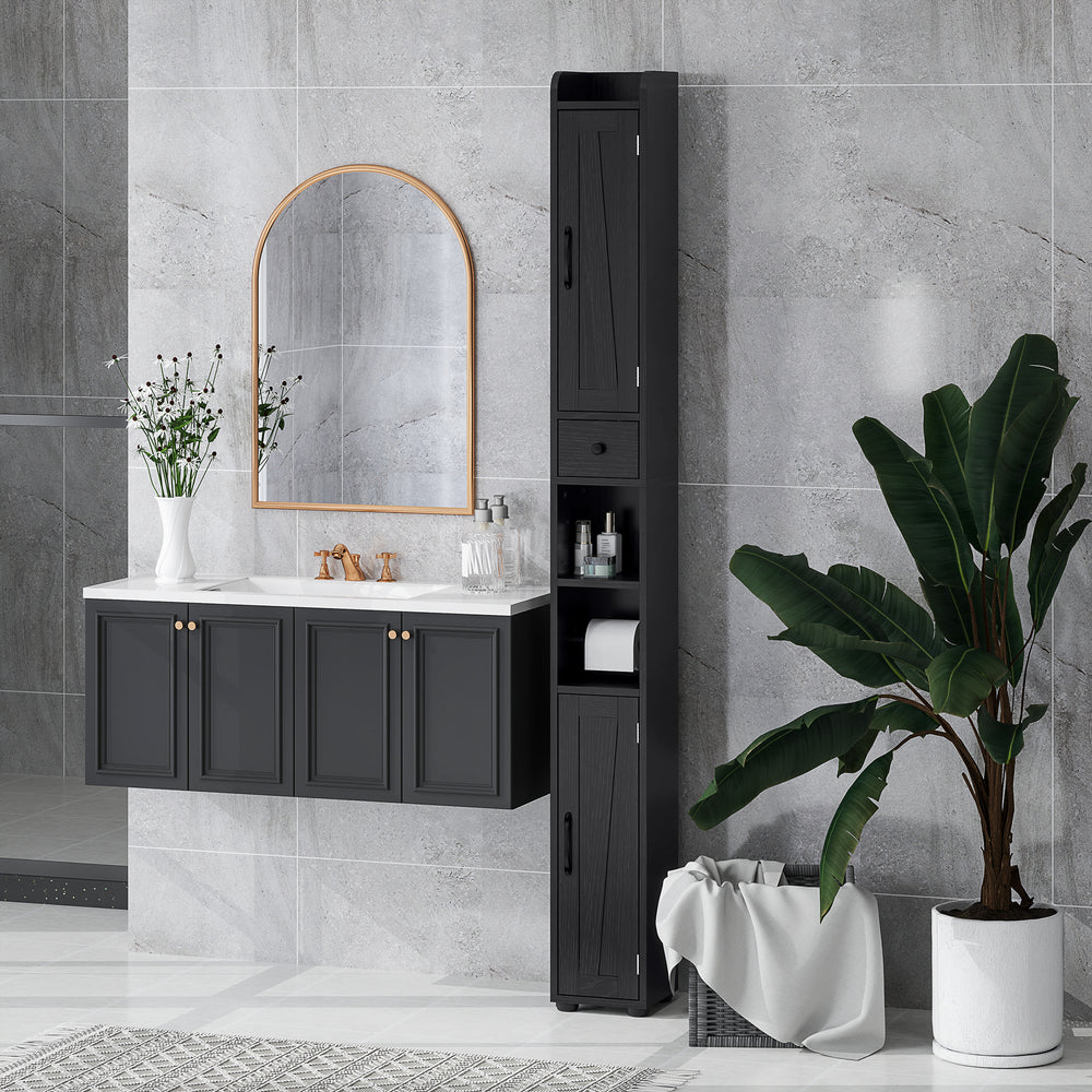 Narrow bathroom vanity with barn doors, drawer and adjustable shelves, black wood look