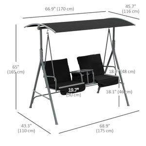 Two-seater swing with adjustable canopy and table, black