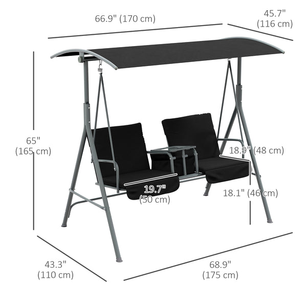 Two-seater swing with adjustable canopy and table, black