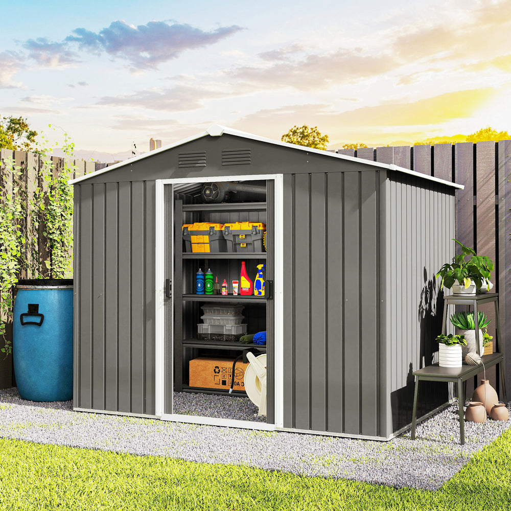 Metal garden shed with lockable sliding doors and ventilation, light grey