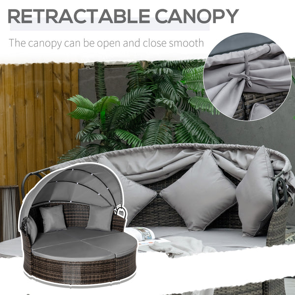 2 Piece Outdoor Rattan Chaise Lounge with Retractable Canopy with Cushions and Pillows, Grey Melange