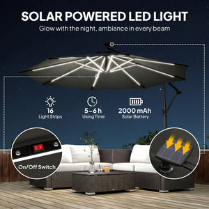 3m Cantilever Parasol with Solar Lighting, 360° Rotation, Tilt and Protective Cover, Black