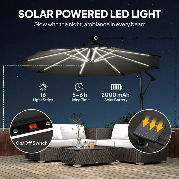 3m Cantilever Parasol with Solar Lighting, 360° Rotation, Tilt and Protective Cover, Black