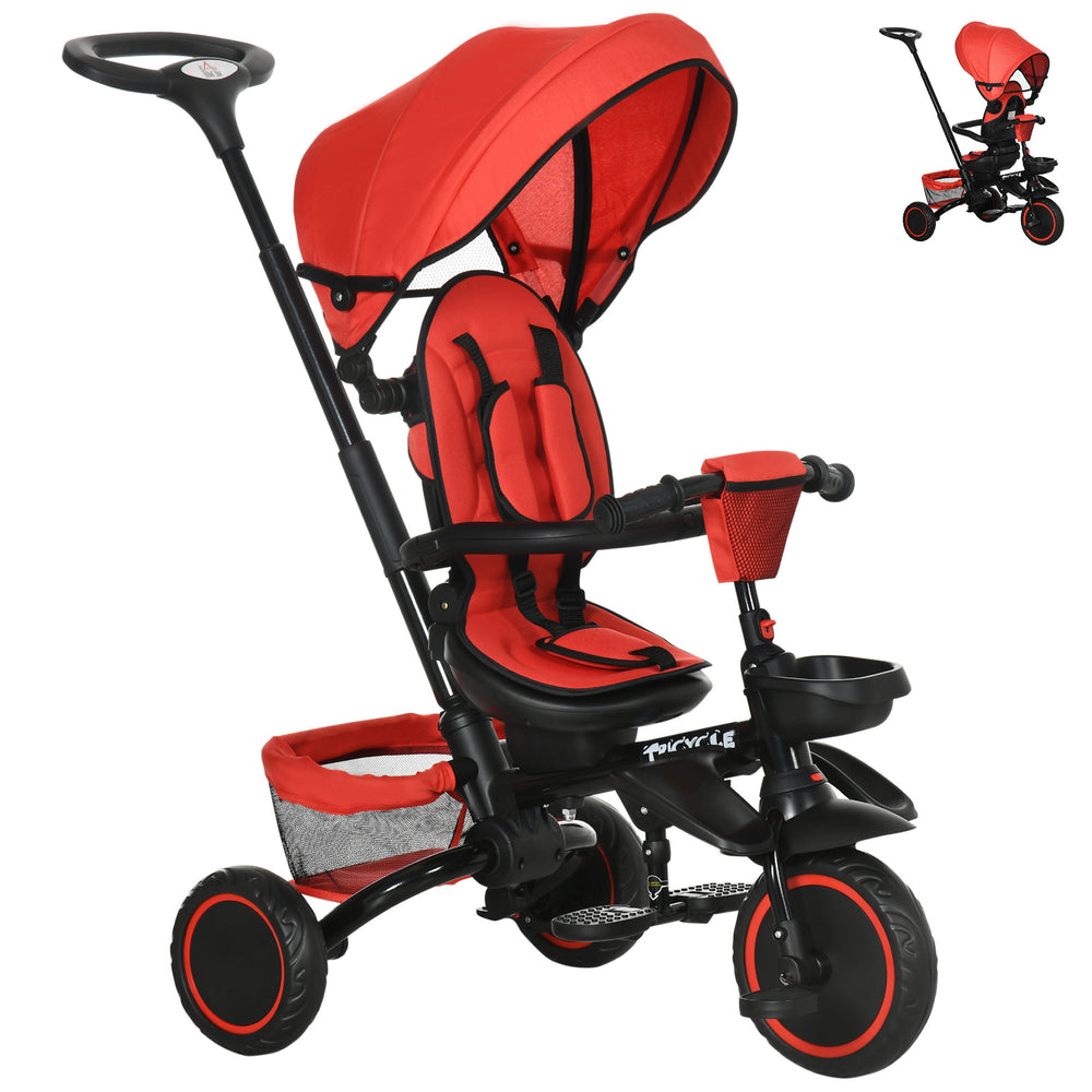 6-in-1 Folding Tricycle with Adjustable Seat, Safety Harness, Removable Canopy, Red