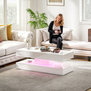 Coffee table with adjustable LED lighting and 2 drawers, glossy white