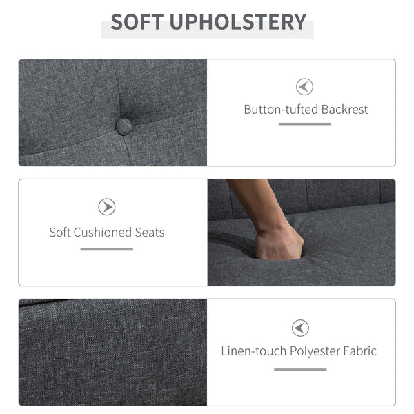 2 seater upholstered sofa with tufted backrest and wooden legs, grey