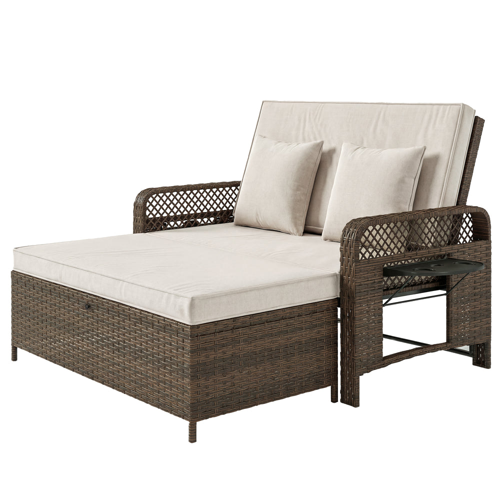 Double patio lounge chairs with cushions, PE wicker, adjustable backrest and side tables, brown/cream