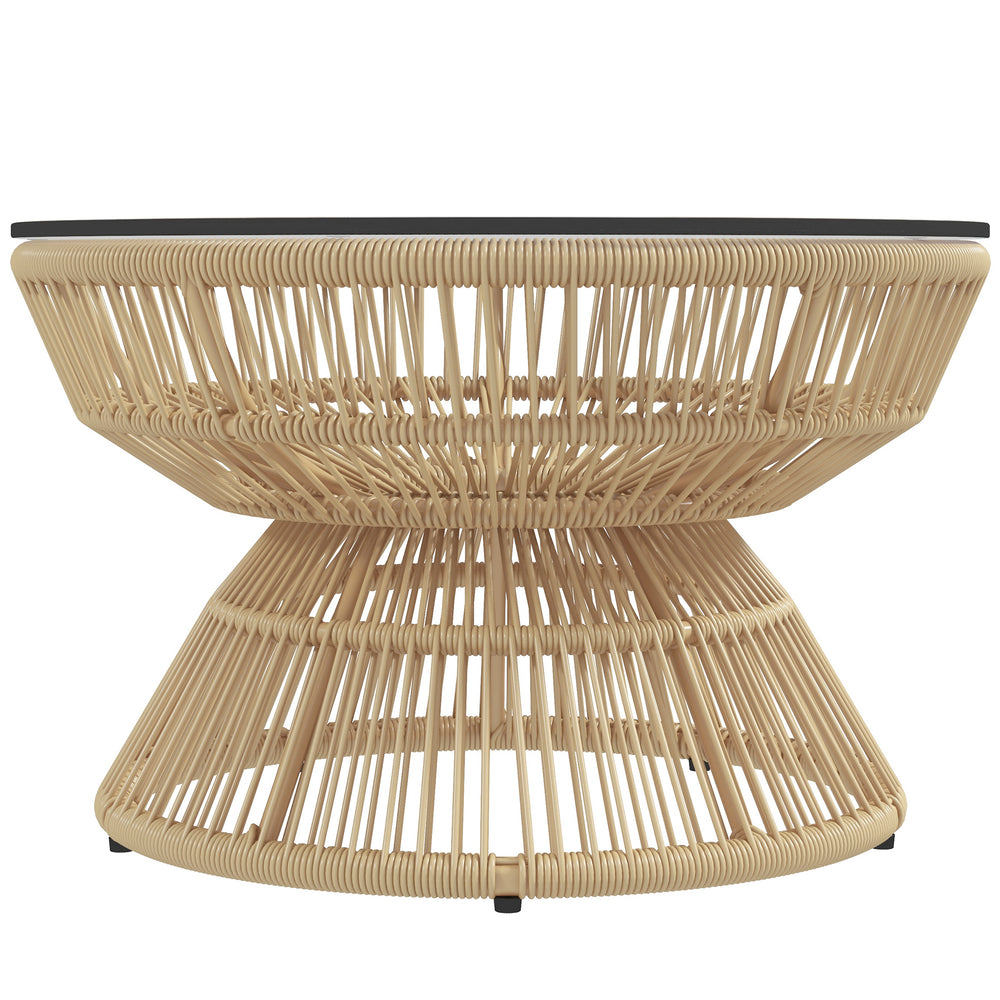 Rattan Outdoor Coffee Table, Patio End Table with Tempered Glass Tabletop & Steel Frame, Wicker Furniture, Nature Wood