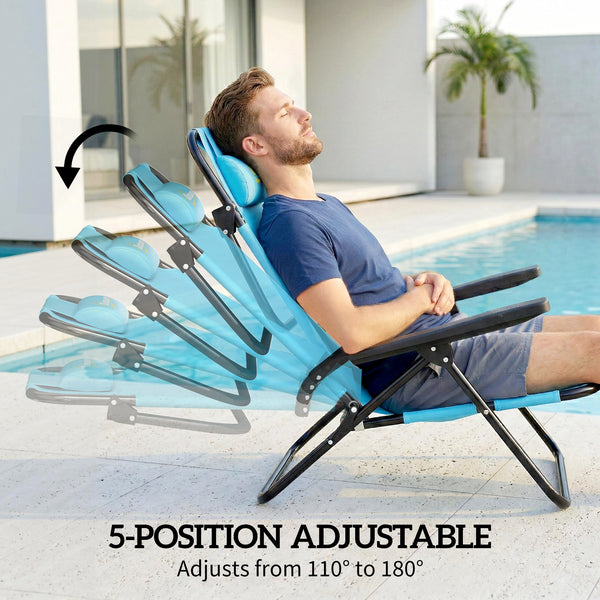 Set of 2 beach chairs, foldable and adjustable in 5 positions, with headrest and armrests, light blue.