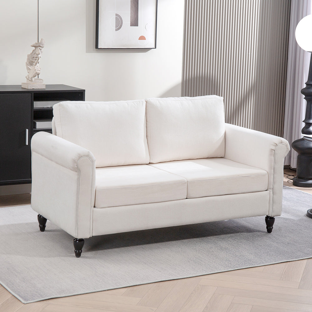Vintage 2-seater upholstered sofa with rubberwood legs, cream white