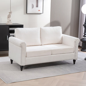 Vintage 2-seater upholstered sofa with rubberwood legs, cream white