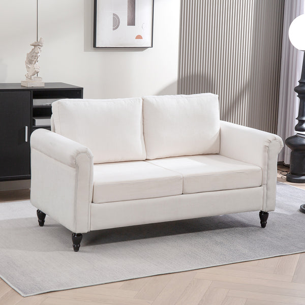 Vintage 2-seater upholstered sofa with rubberwood legs, cream white