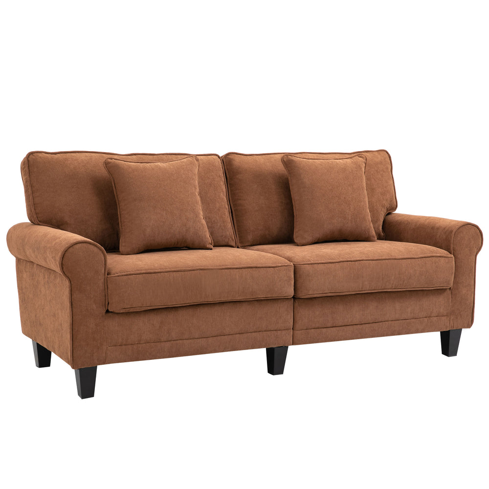 Modern 3-seater sofa in corduroy fabric with rolled arms, brown