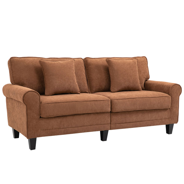 Modern 3-seater sofa in corduroy fabric with rolled arms, brown