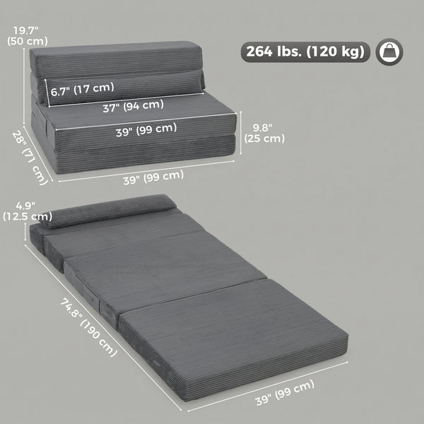 39" Dark Grey Corduroy Folding Floor Sofa