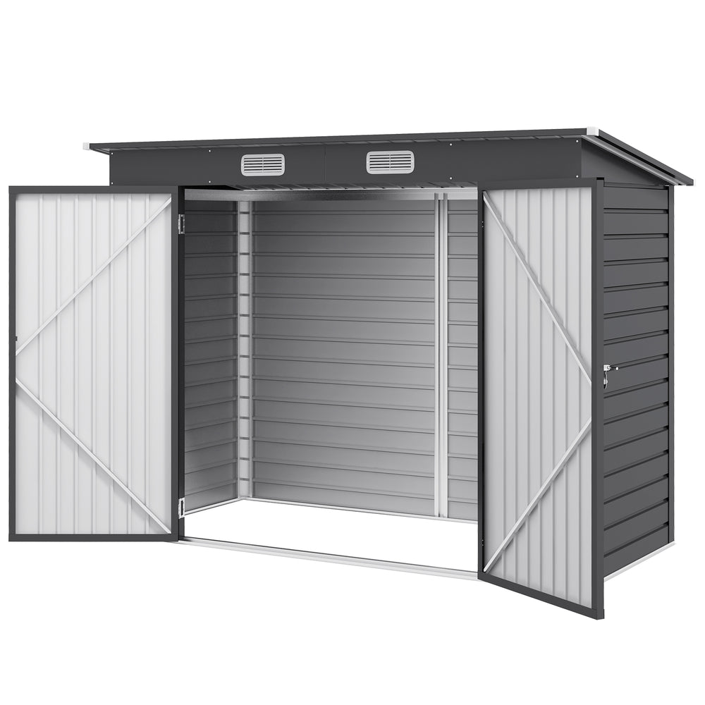 Grey galvanized garden shed with double door and 2 vents