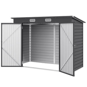 Grey galvanized garden shed with double door and 2 vents