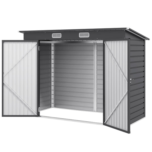 Grey galvanized garden shed with double door and 2 vents