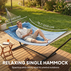 Hammock with sturdy steel frame stand for patio and garden, blue and white