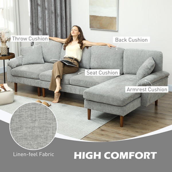 Modern sectional sofa with removable chaise, cushions and wooden legs, gray