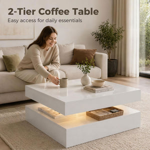 LED Coffee Table with 2-Tier Storage with Open Shelf and Remote Control for Living Room, High Gloss White