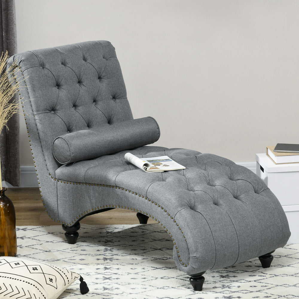 Upholstered button tufted chaise longue with wooden legs, gray