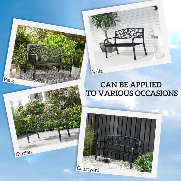 Two-seater garden bench, floral pattern, black