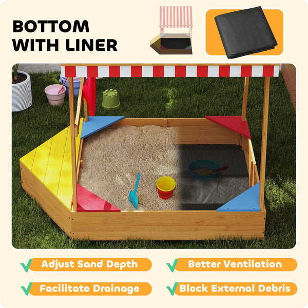 Qaba Wooden Kids Sandbox with Cover, 4 Seats, Rudder, Deck, Bottom Liner, 52" x 40" x 55.5", for Ages 3-8, Yellow