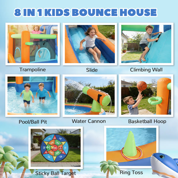 Château gonflable pour enfants, thème requins, avec toboggan et piscine, pour intérieur et extérieur, bleu
