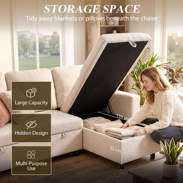 Convertible sectional sofa bed with reversible chaise and storage, cream