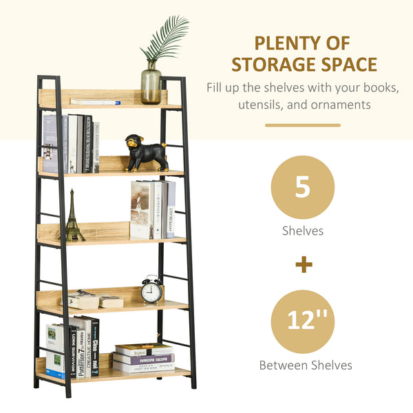 Modern bookcase with wide 5-tier shelves, oak