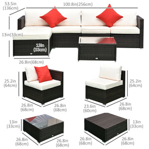 6 Piece Outdoor Rattan Sofa Set with Luxury Thick Cushions with Glass Table, Dark Coffee and Cream White